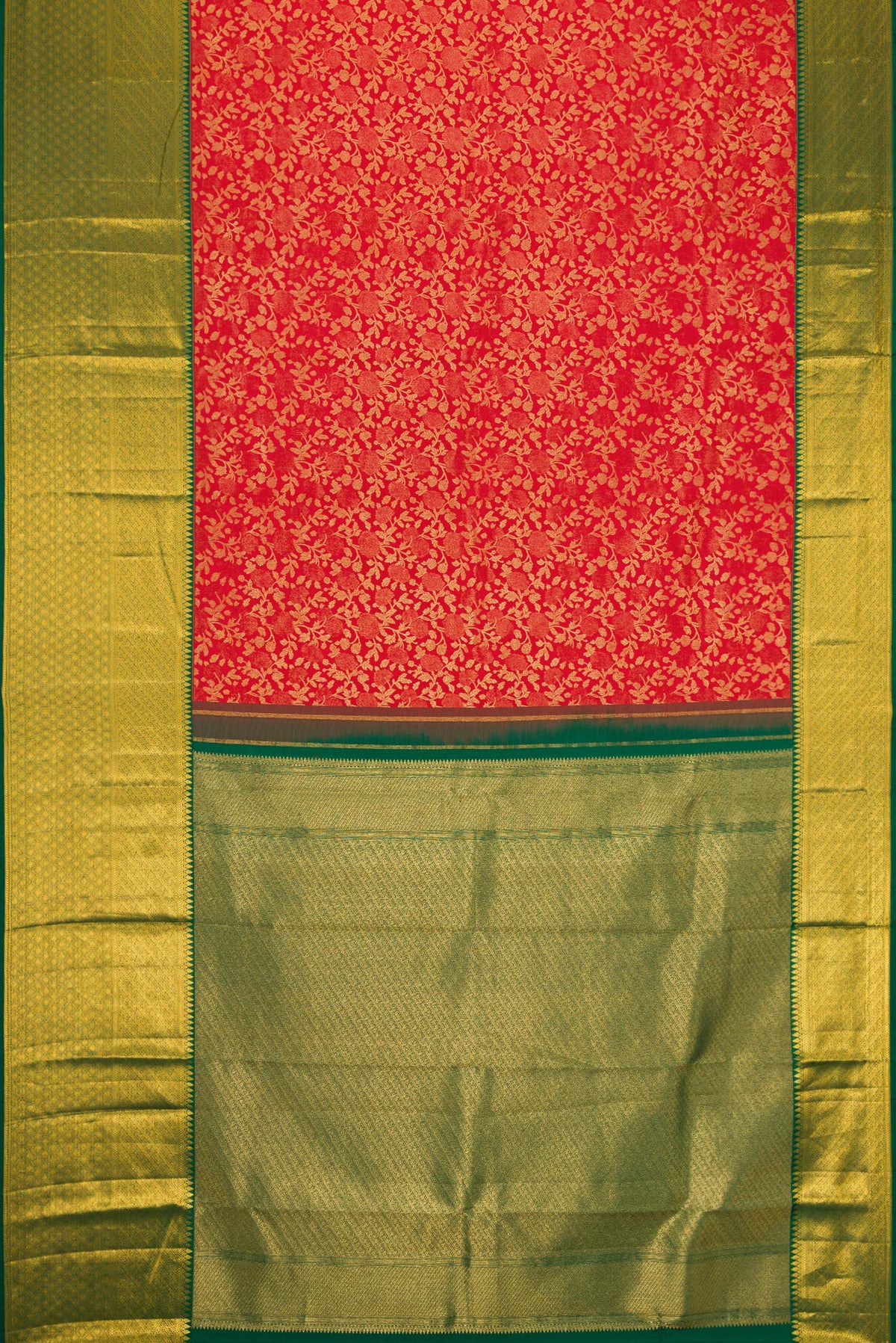 Flat view of Red Dual Tone Kanchipuram Silk Saree with Zari Brocade on the body and Zari Border. 
