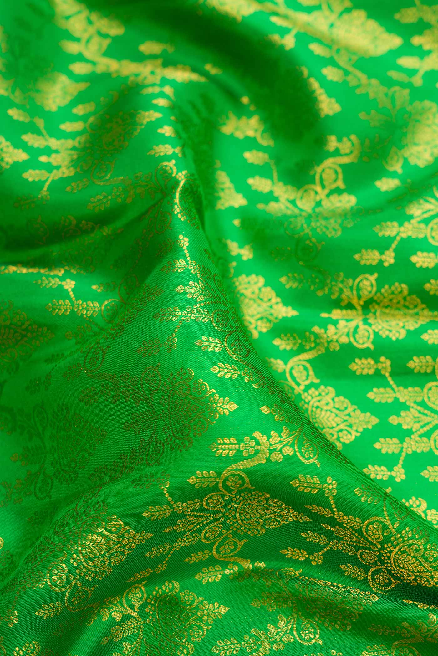 Close up of Parrot Green Dual Tone Kanchipuram Silk Saree with Zari Brocade on the body and Zari Border.  displaying folds