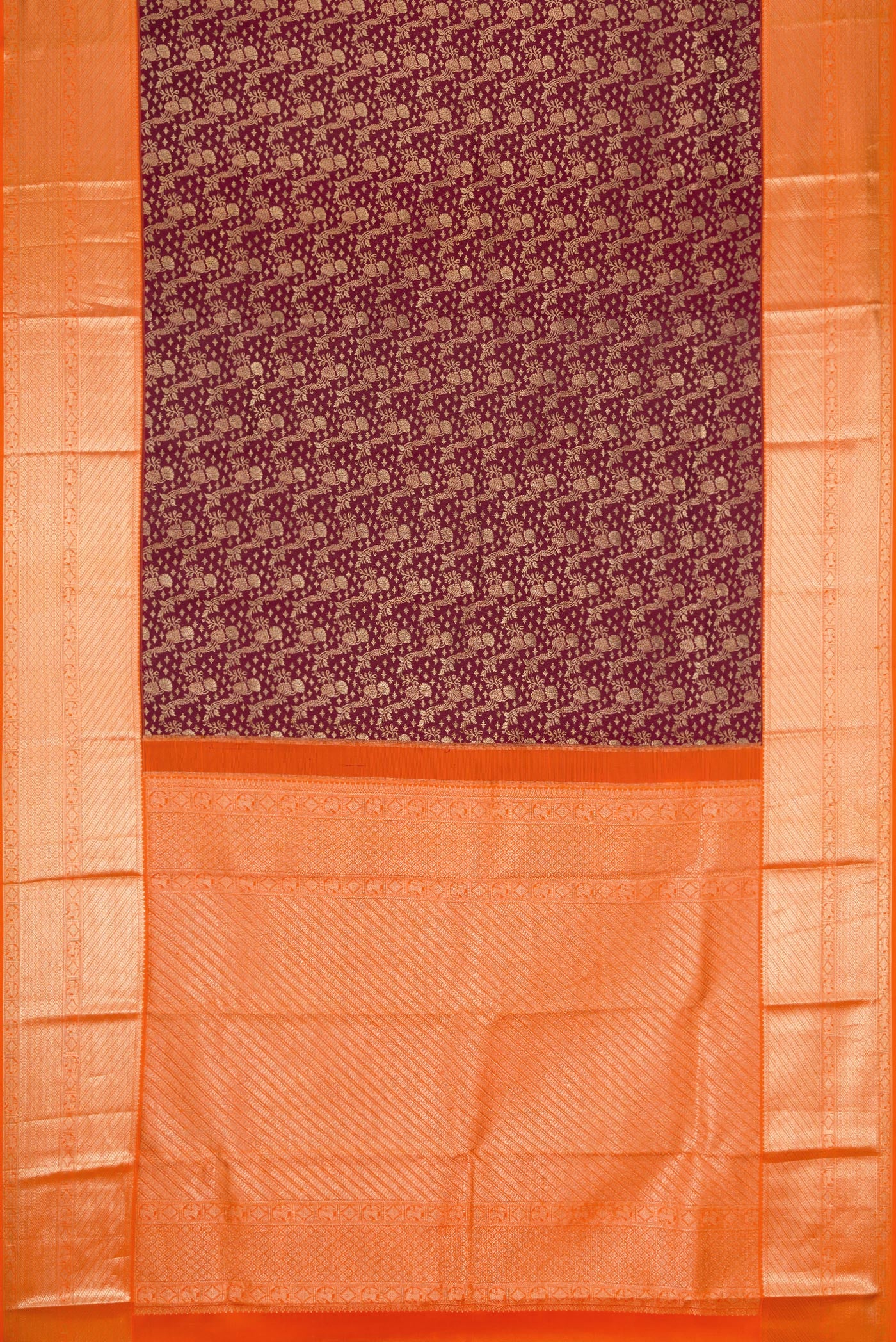 Flat view of Coffee Brown Dual Tone Kanchipuram Silk Saree with Zari Brocade on the body and Zari Border. 