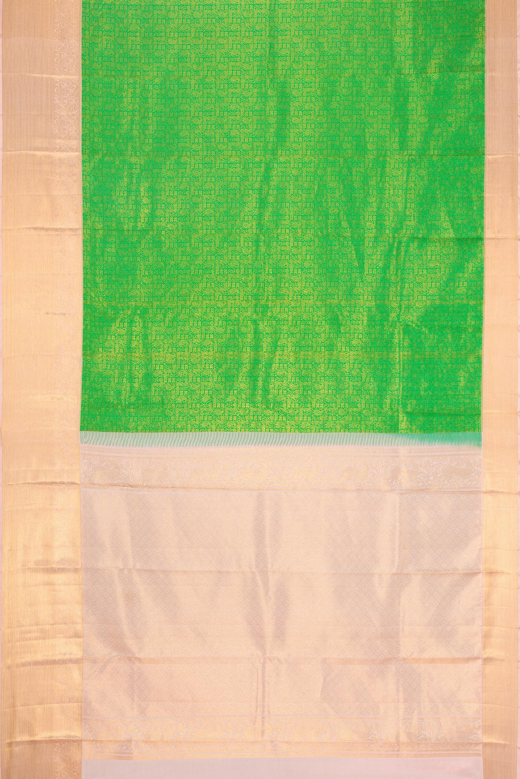 Flat view of Parrot Green Dual Tone Kanchipuram Silk Saree with Zari Brocade on the body and Zari Border. 