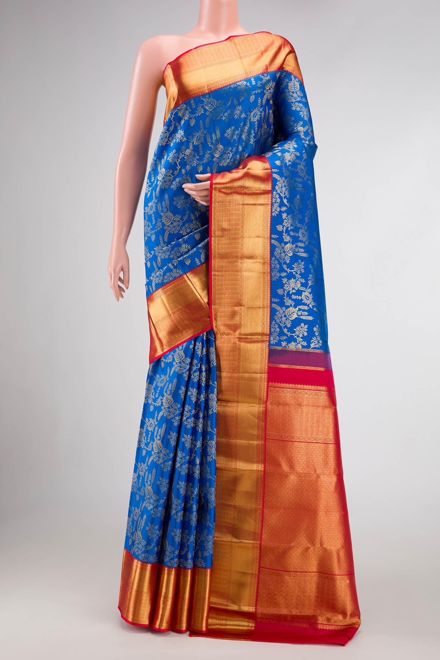 Royal Blue Dual Tone Kanchipuram Silk Saree with Zari Brocade on the body and Zari Border.  displayed on a mannequin