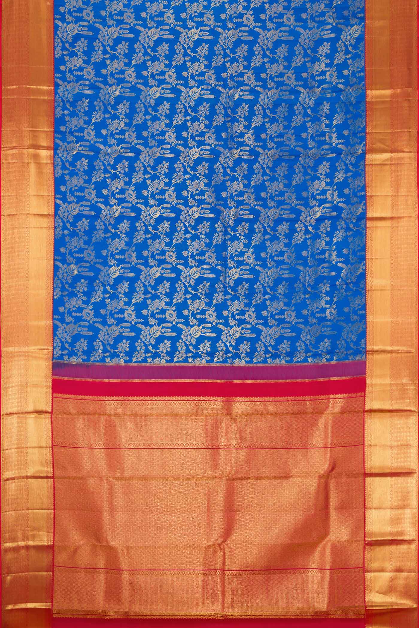 Flat view of Royal Blue Dual Tone Kanchipuram Silk Saree with Zari Brocade on the body and Zari Border. 
