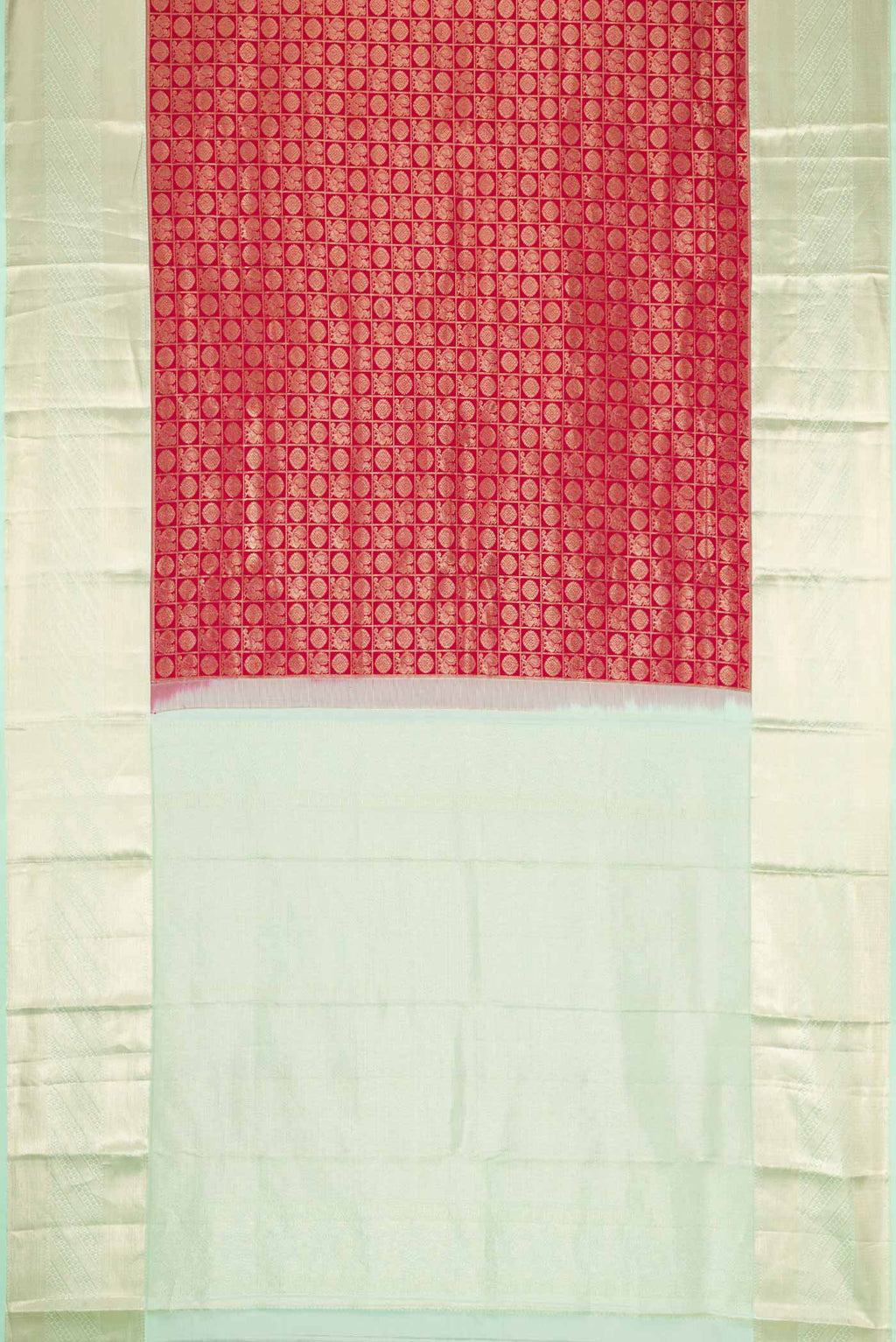 Flat view of Maroon Dual Tone Kanchipuram Silk Saree with Zari Brocade on the body and Zari Border. 