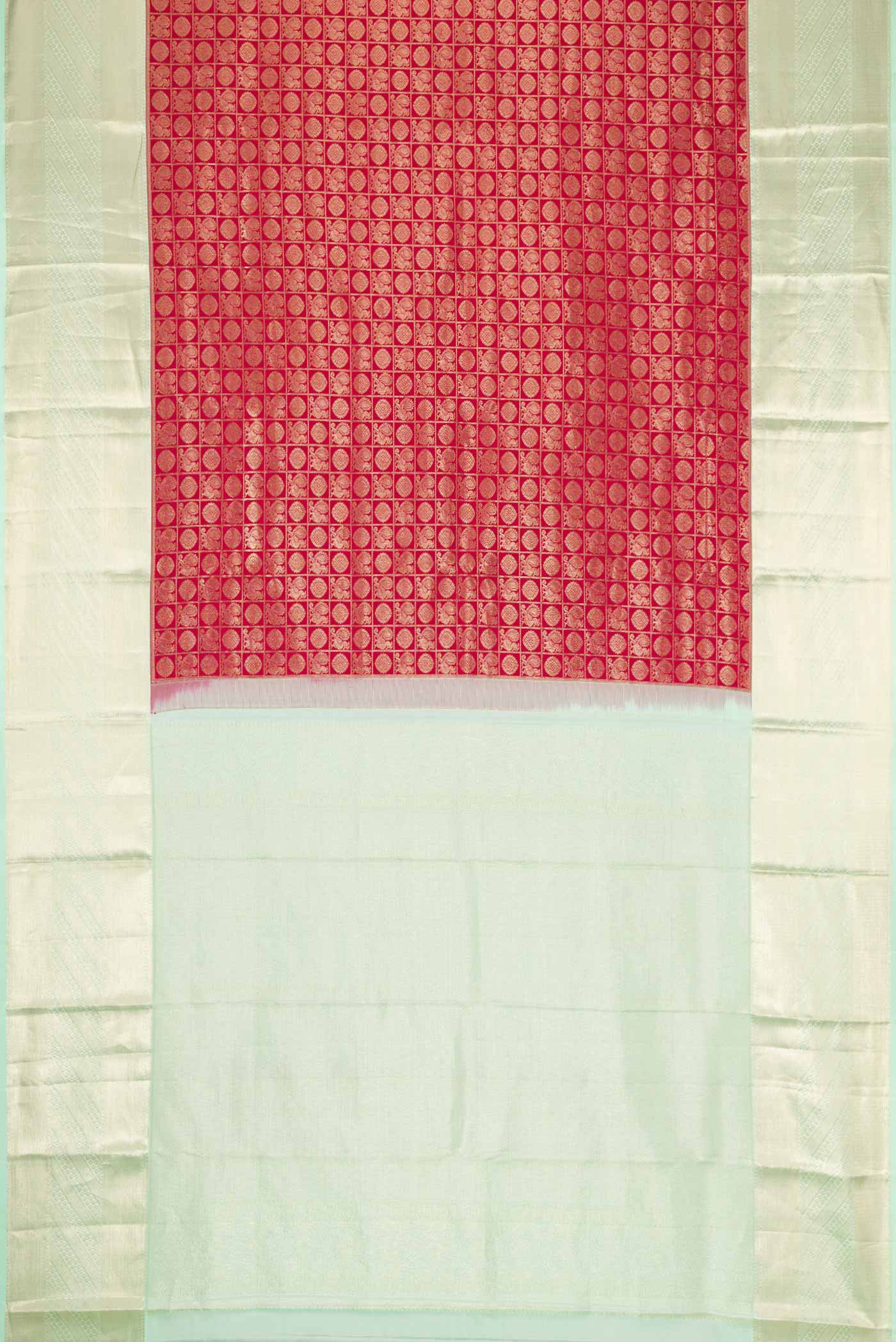 Flat view of Maroon Dual Tone Kanchipuram Silk Saree with Zari Brocade on the body and Zari Border. 