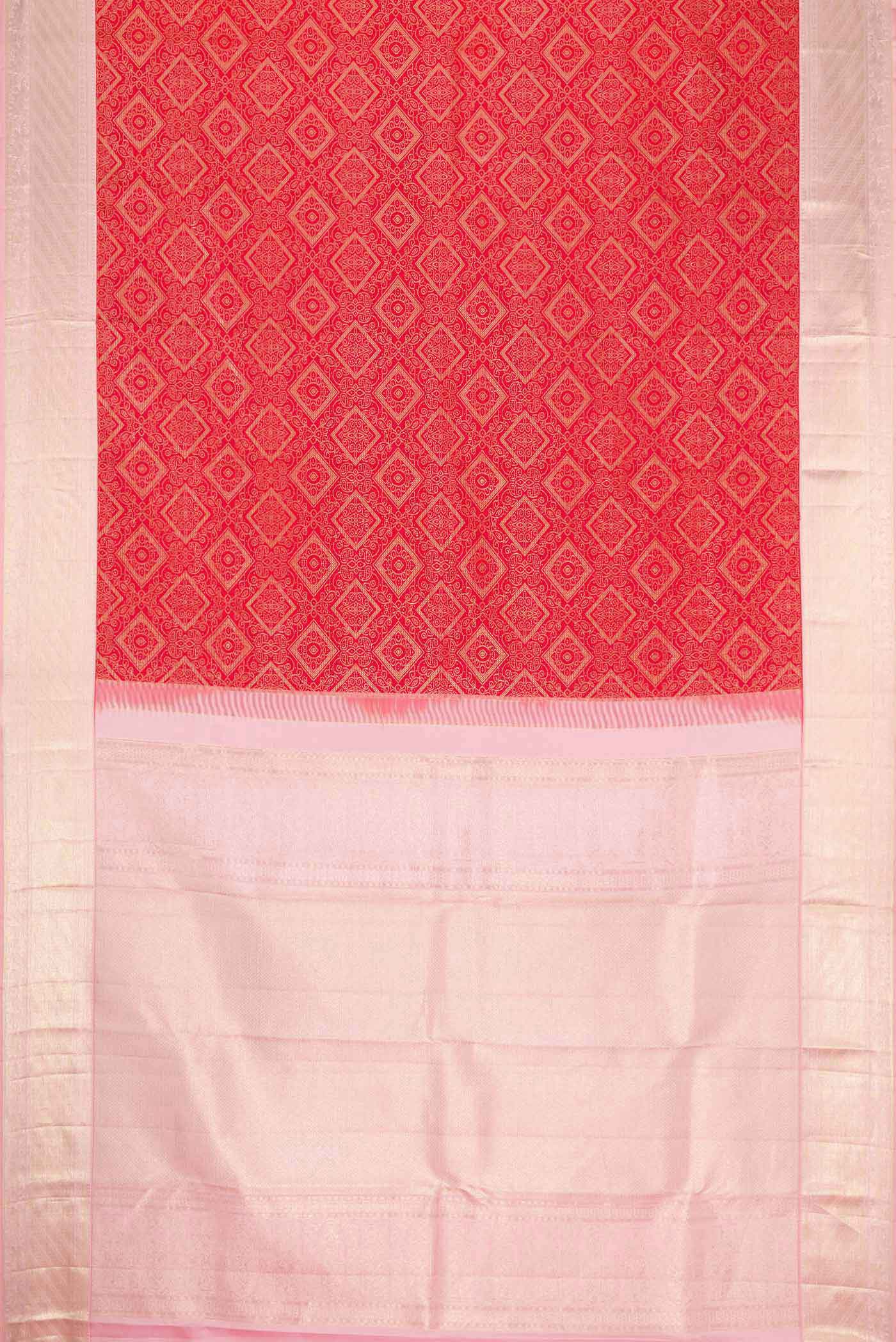 Flat view of Red Dual Tone Kanjivaram Silk Saree with Zari Brocade on the body and Zari Border. 