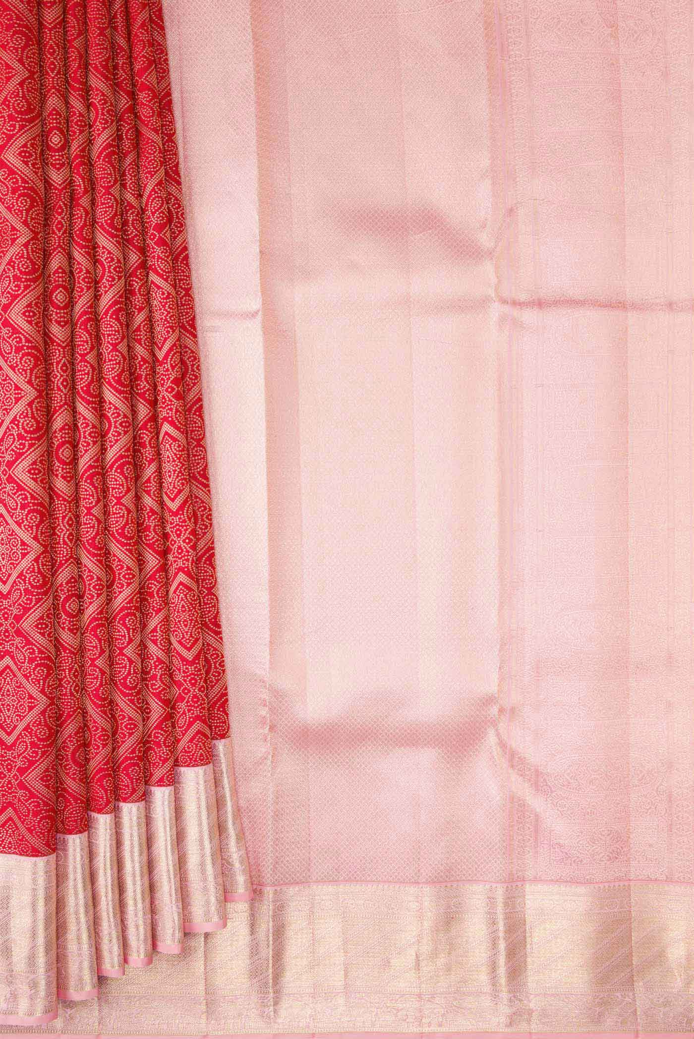 Pleats and pallu of Red Dual Tone Kanjivaram Silk Saree with Zari Brocade on the body and Zari Border. 