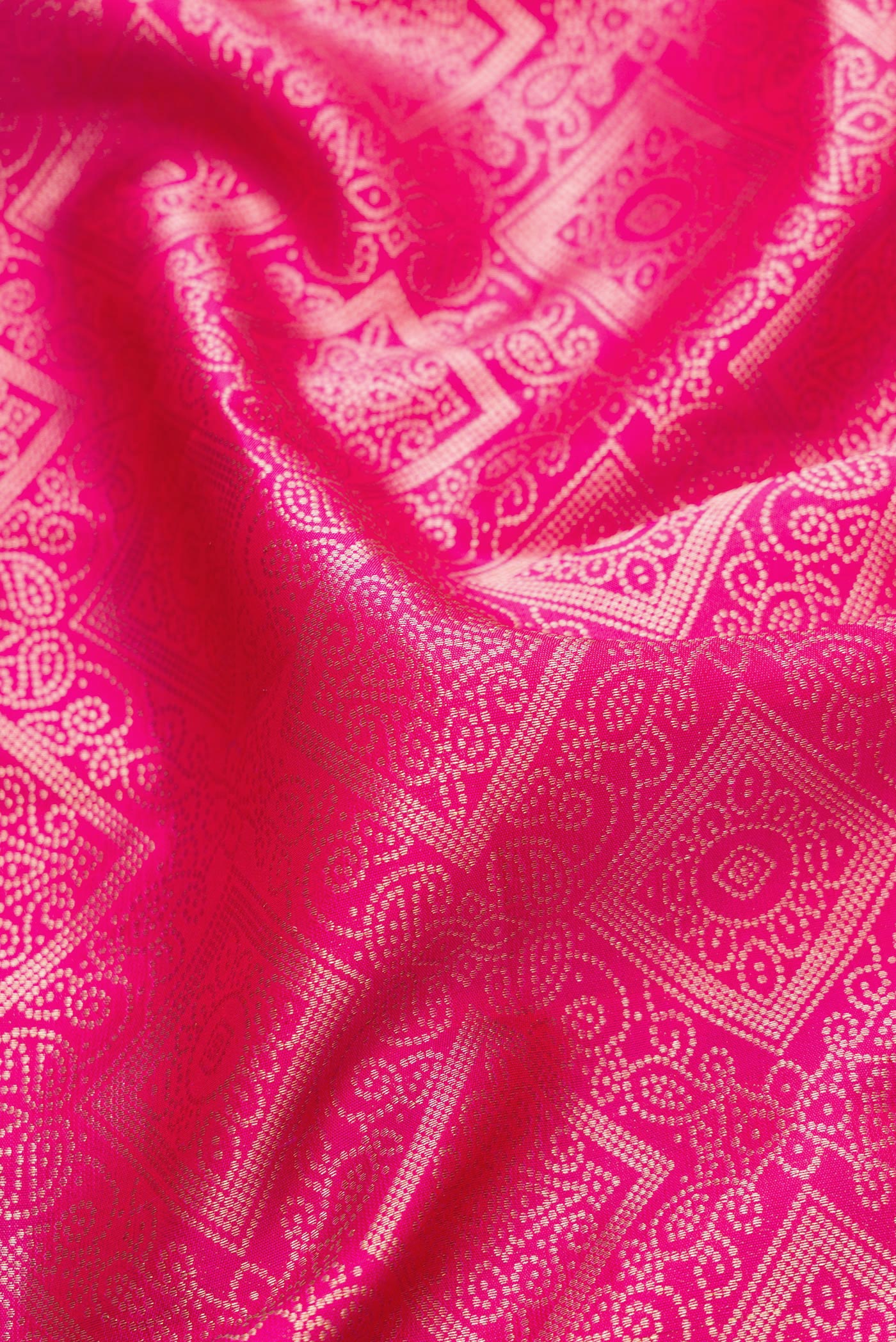 Close up of Pink Dual Tone Kanjivaram Silk Saree with Zari Brocade on the body and Zari Border.  displaying folds