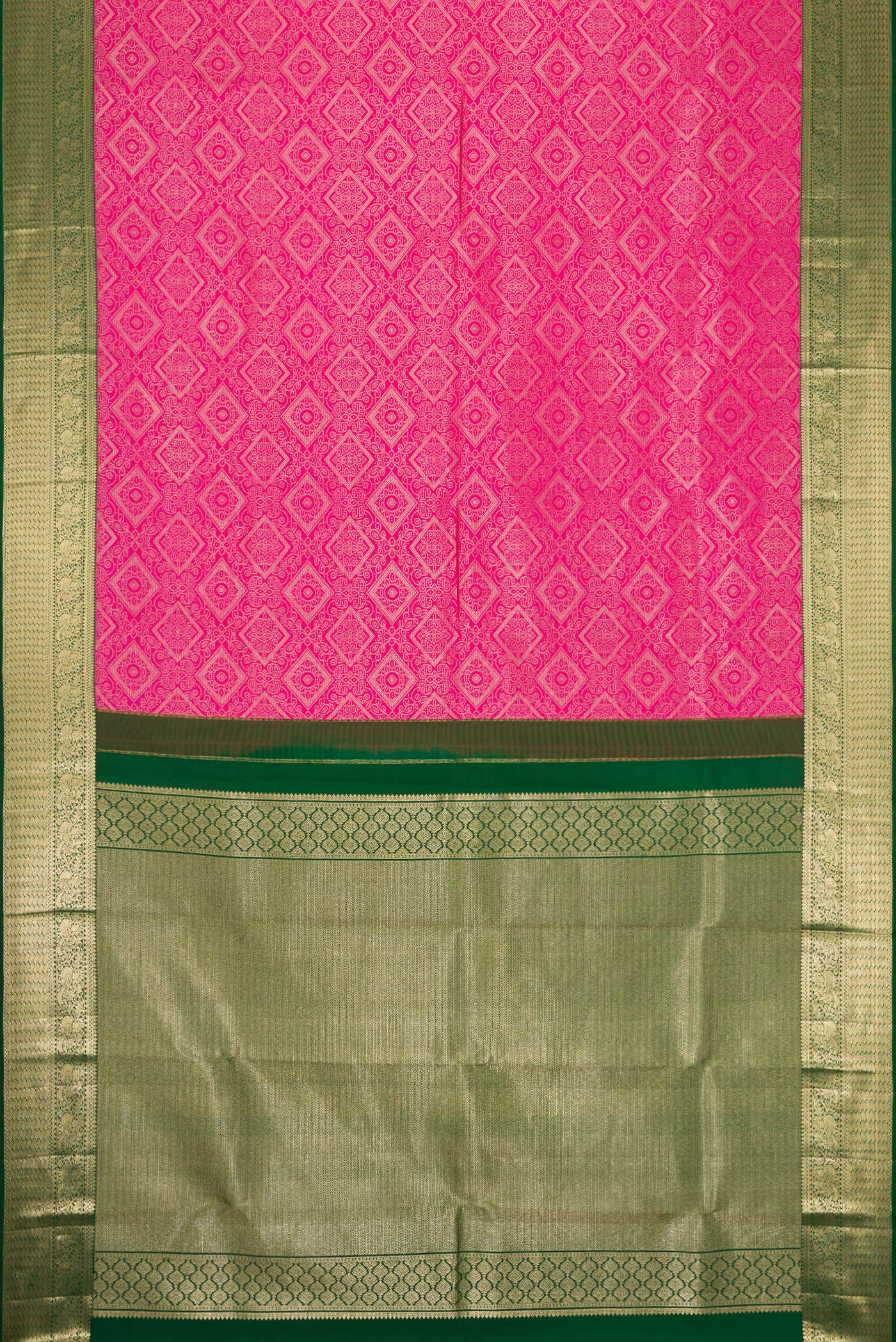 Flat view of Pink Dual Tone Kanjivaram Silk Saree with Zari Brocade on the body and Zari Border. 