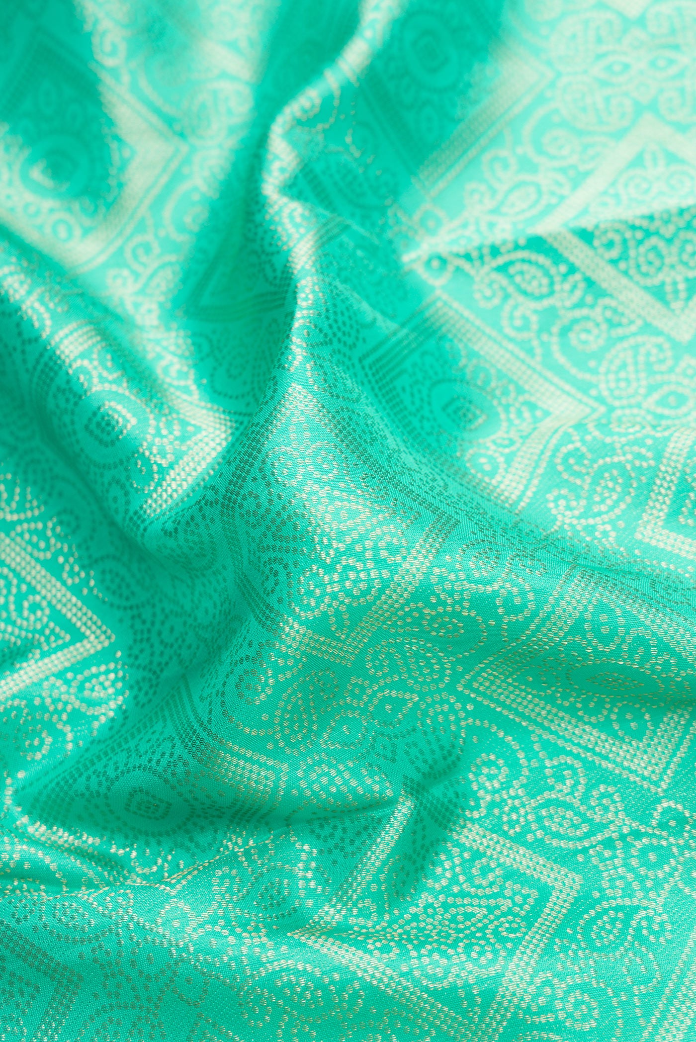 Close up of Sea Green Dual Tone Kanjivaram Silk Saree with Zari Brocade on the body and Zari Border.  displaying folds