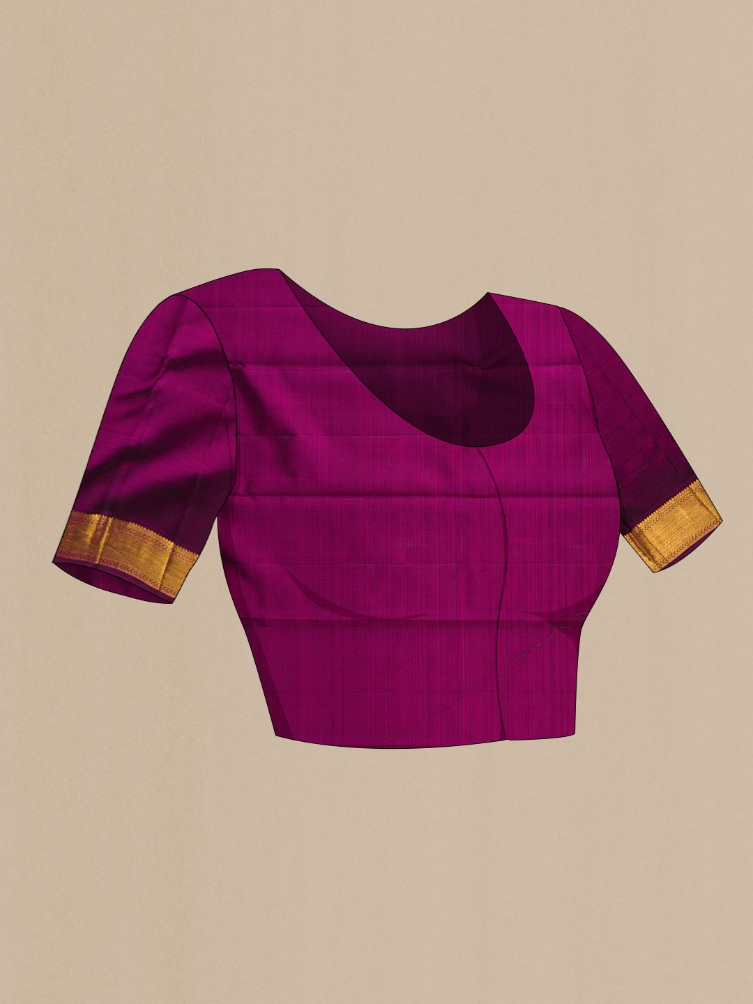 Close up image of the blouse of Magenta Dual Tone Kanjivaram Silk Saree with Zari Brocade on the body and Zari Border. 