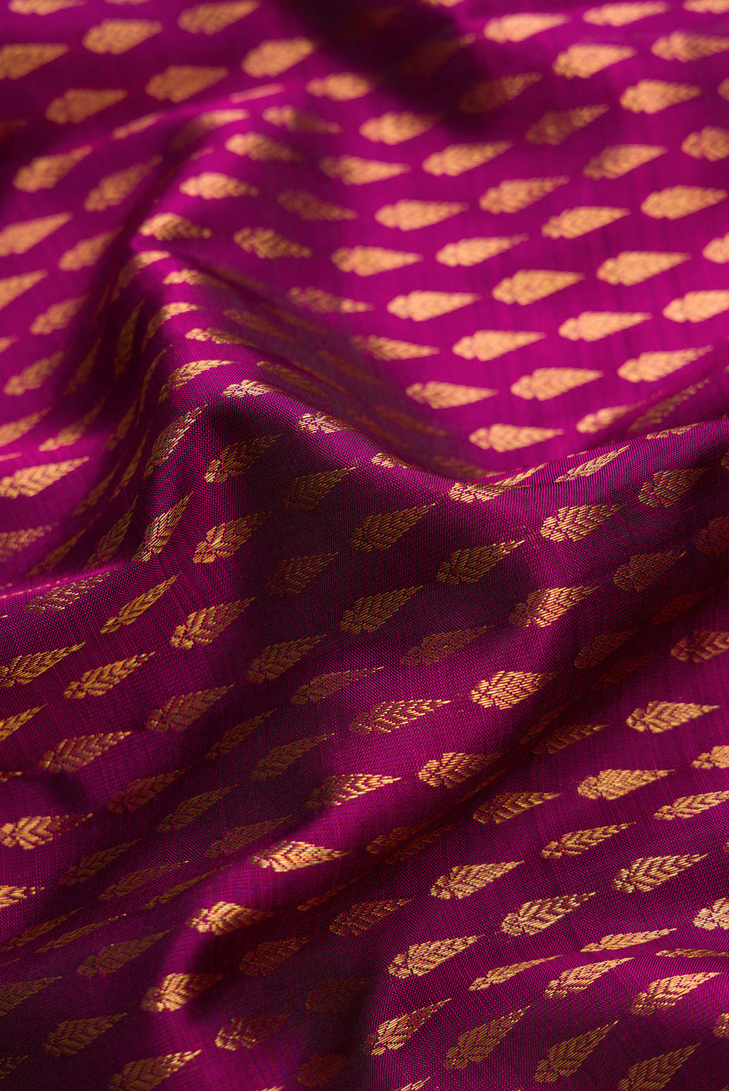 Close up of Magenta Dual Tone Kanjivaram Silk Saree with Zari Brocade on the body and Zari Border.  displaying folds