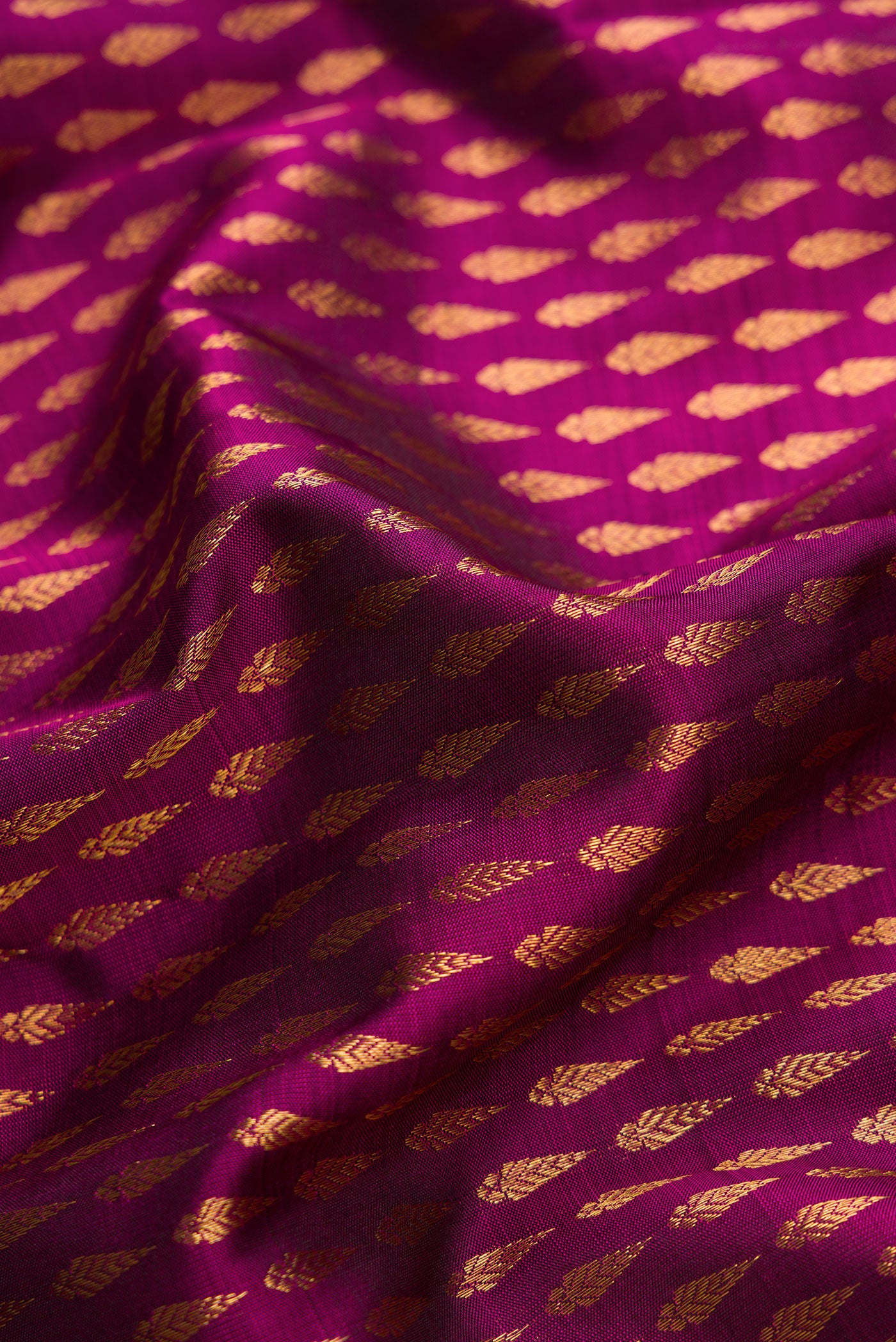 Close up of Magenta Dual Tone Kanjivaram Silk Saree with Zari Brocade on the body and Zari Border.  displaying folds