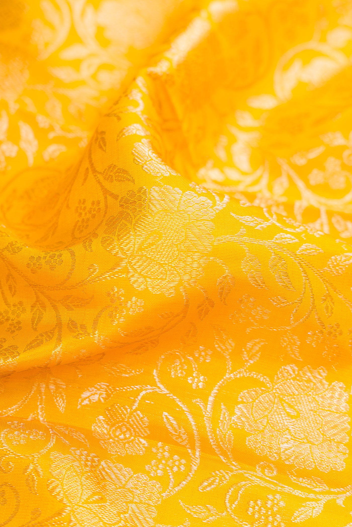 Close up of Yellow Dual Tone Kanchipuram Silk Saree with Zari Brocade on the body and Zari Border.  displaying folds