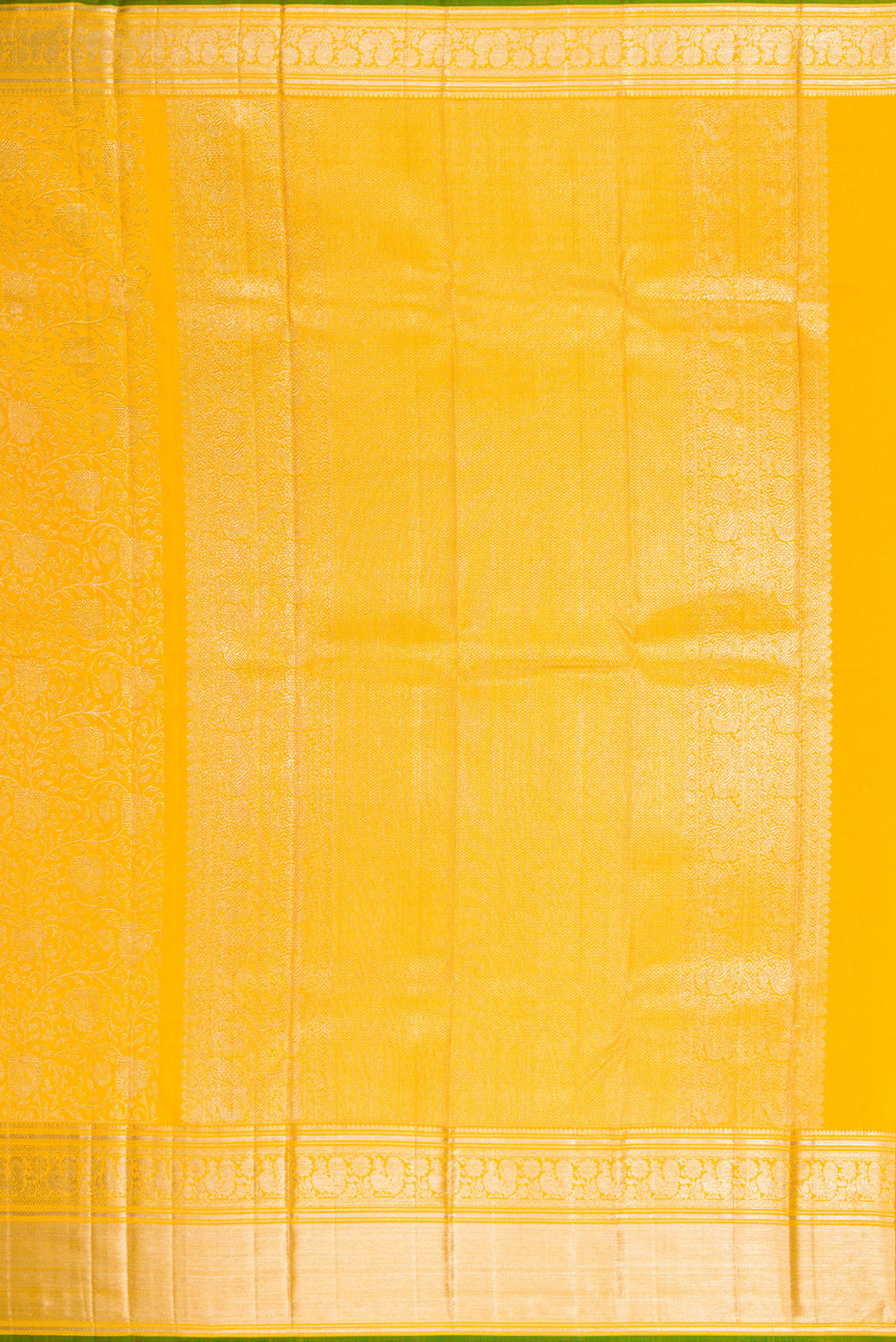 Close up image of the pallu of Yellow Dual Tone Kanchipuram Silk Saree with Zari Brocade on the body and Zari Border. 