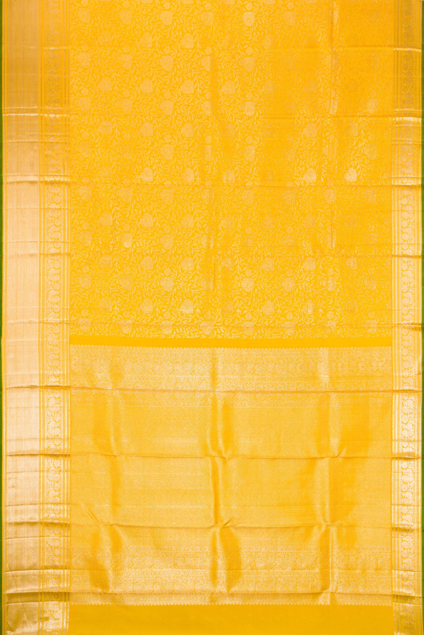 Flat view of Yellow Dual Tone Kanchipuram Silk Saree with Zari Brocade on the body and Zari Border. 