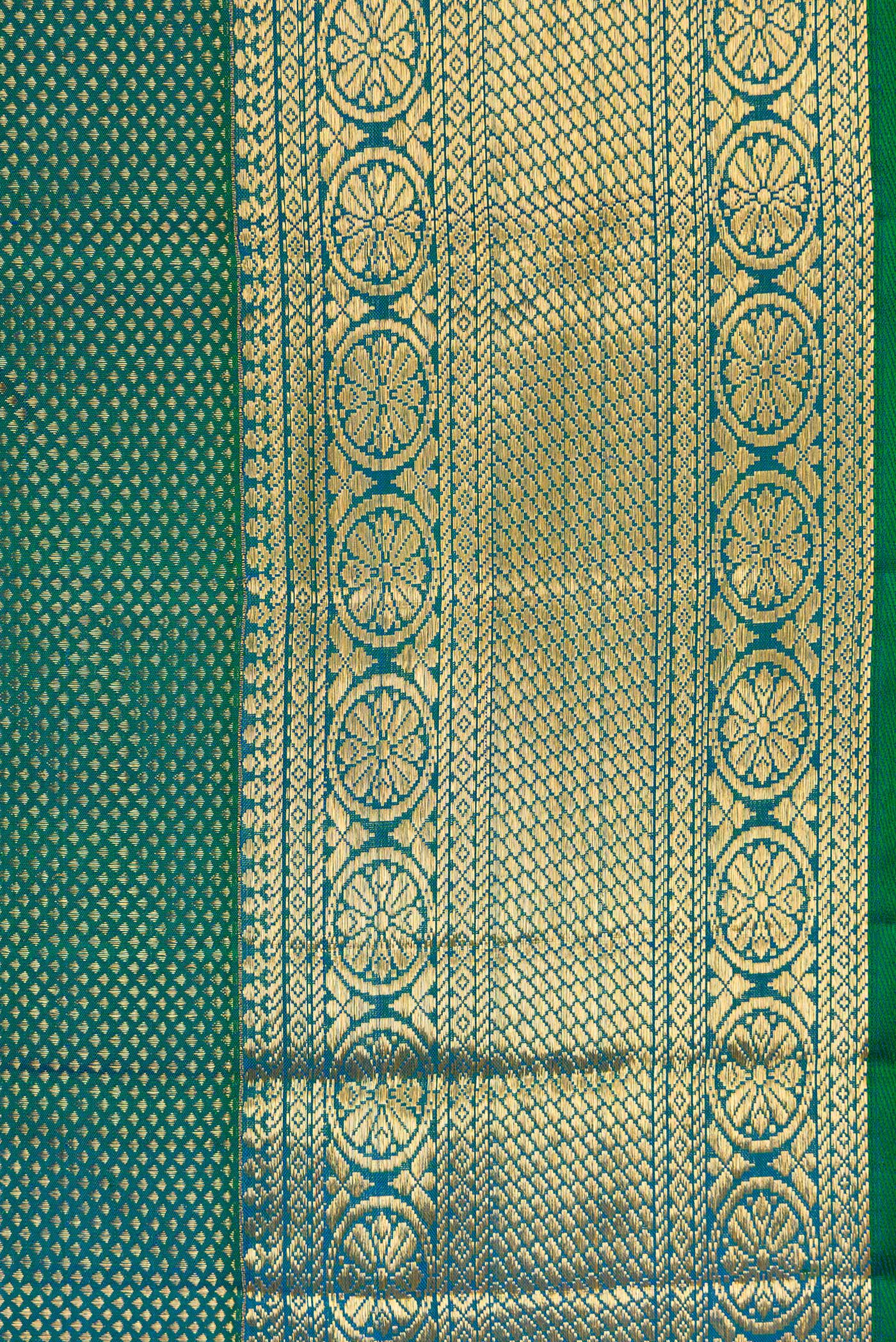 Border image of Peacock Blue Dual Tone Kanchipuram Silk Saree with Zari Brocade on the body and Zari Border. 