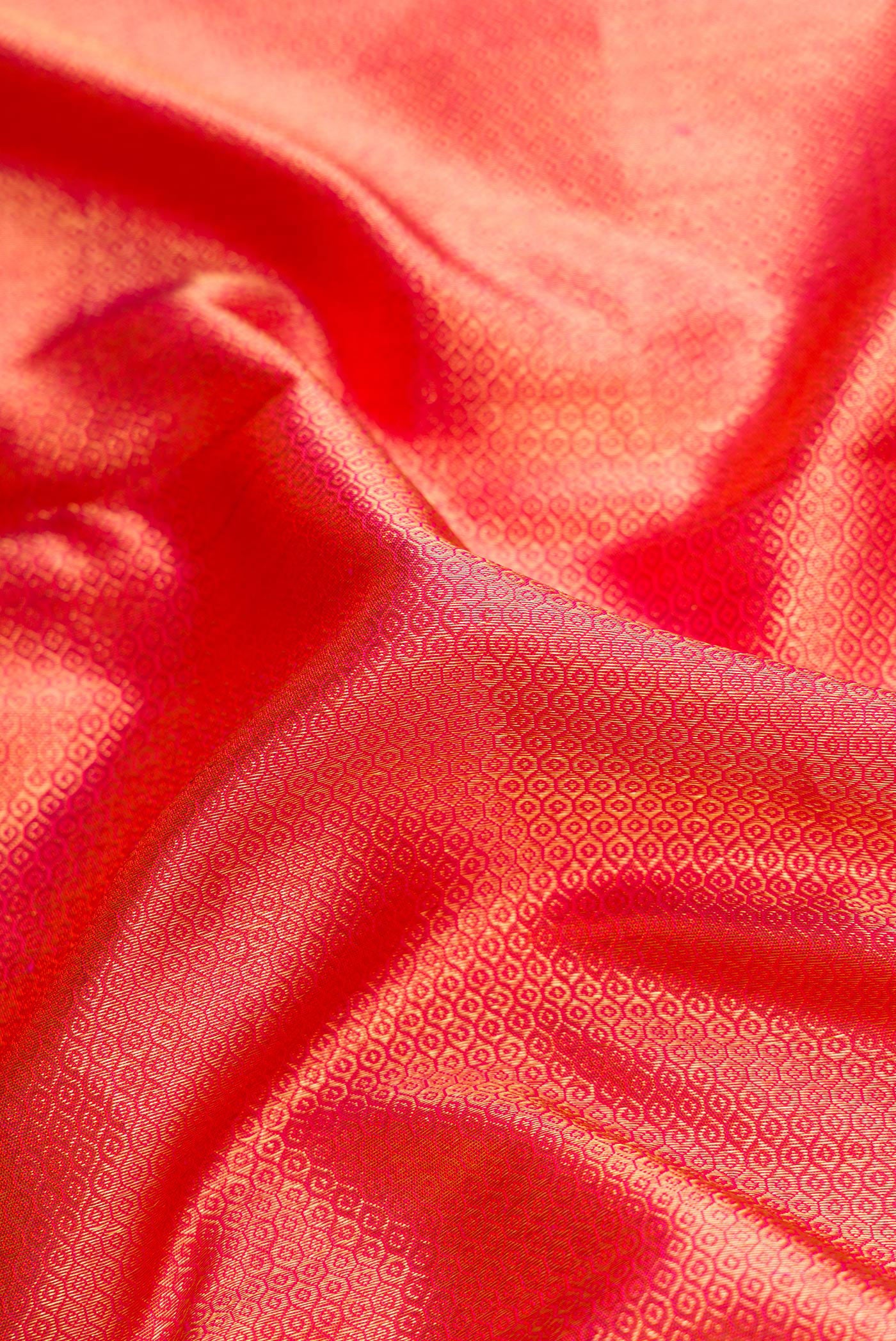 Close up of Coral Dual Tone Kanchipuram Silk Saree with Zari Brocade on the body and Zari Border.  displaying folds