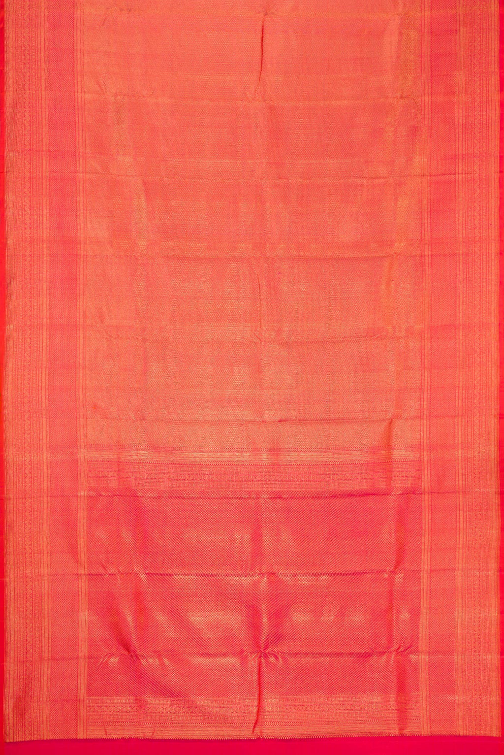 Flat view of Coral Dual Tone Kanchipuram Silk Saree with Zari Brocade on the body and Zari Border. 
