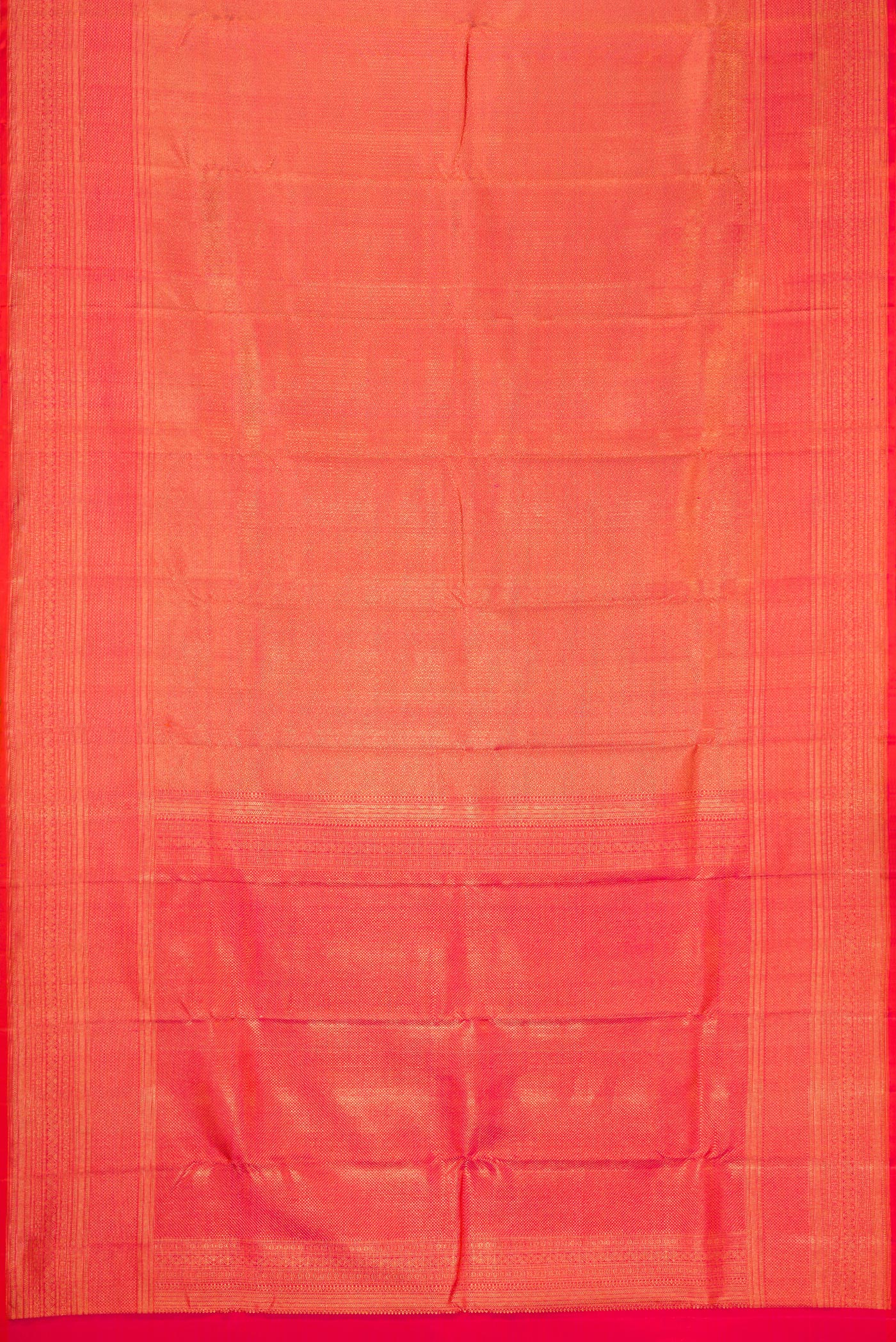 Flat view of Coral Dual Tone Kanchipuram Silk Saree with Zari Brocade on the body and Zari Border. 
