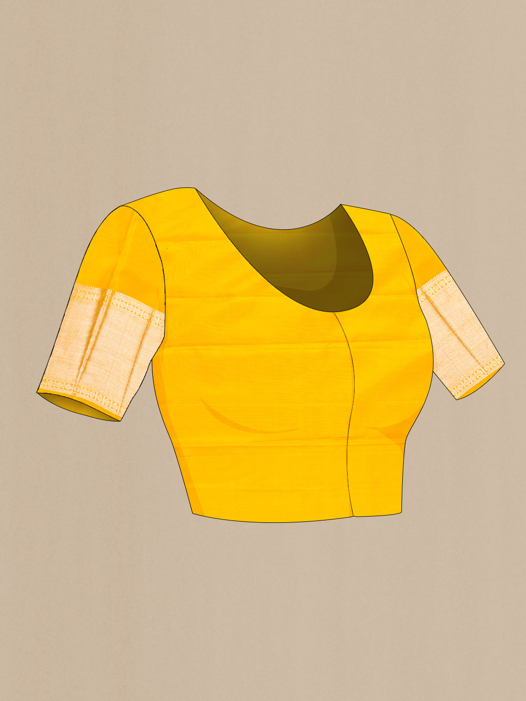 Close up image of the blouse of Yellow Dual Tone Kanchipuram Silk Saree with Zari Brocade on the body and Fancy Border. 