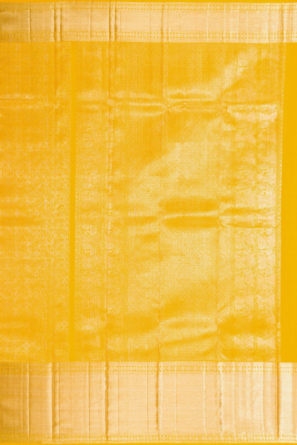 Close up image of the pallu of Yellow Dual Tone Kanchipuram Silk Saree with Zari Brocade on the body and Fancy Border. 