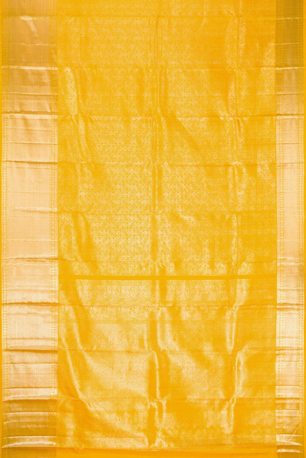 Flat view of Yellow Dual Tone Kanchipuram Silk Saree with Zari Brocade on the body and Fancy Border. 