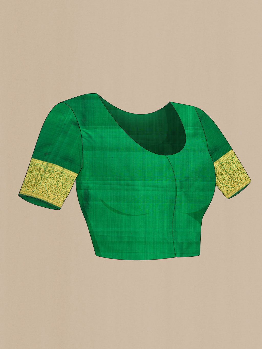 Close up image of the blouse of Green Kanchipuram Silk Saree with Zari Brocade on the body and Zari Border. 