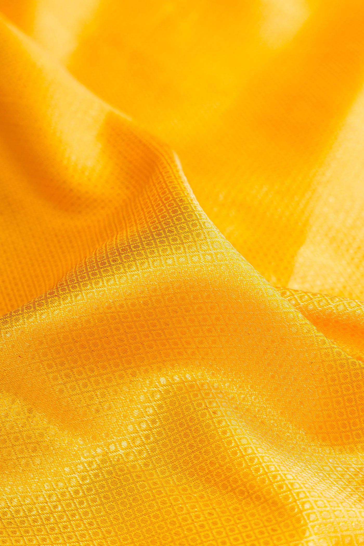 Close up of Yellow Dual Tone Kanchipuram Silk Saree with Zari Brocade on the body and Zari Border.  displaying folds