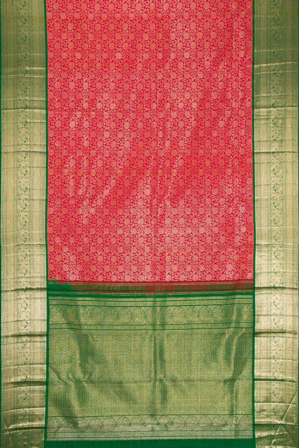 Flat view of Maroon Dual Tone Kanchipuram Silk Saree with Zari Brocade on the body and Zari Border. 