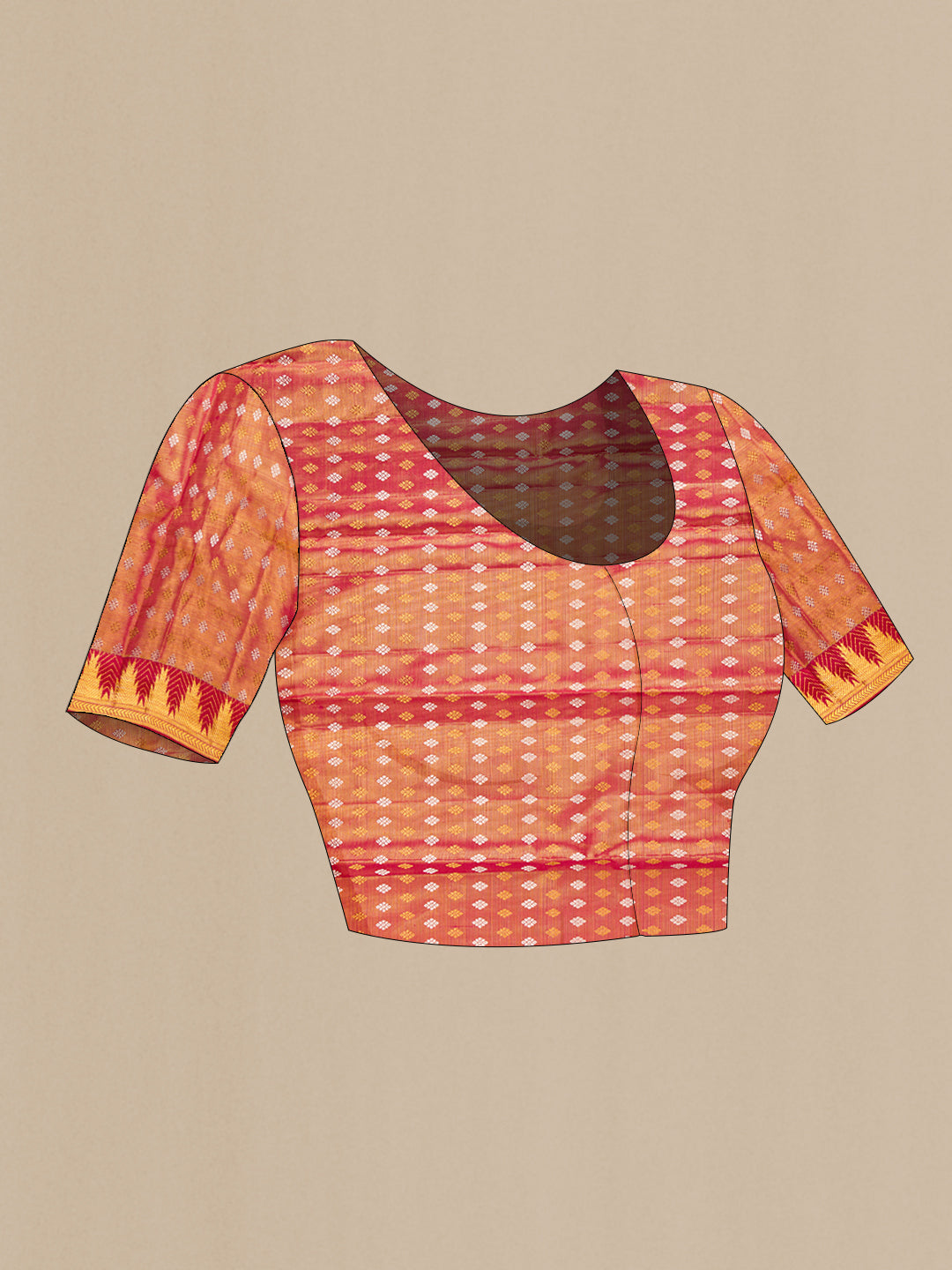 Close up image of the blouse of Rose Gold Dual Tone Kanchipuram Tissue Silk Saree with Zari Brocade on the body and Zari Border. 