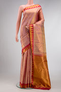 Rose Gold Dual Tone Kanchipuram Tissue Silk Saree with Zari Brocade on the body and Zari Border.  displayed on a mannequin