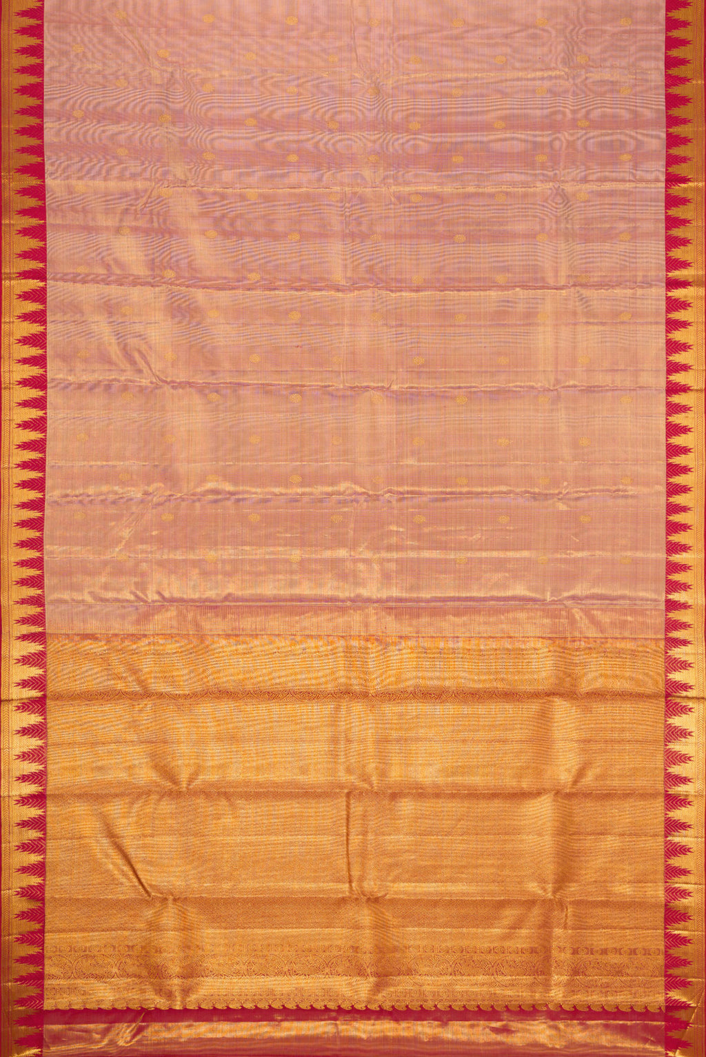 Flat view of Rose Gold Dual Tone Kanchipuram Tissue Silk Saree with Zari Brocade on the body and Zari Border. 