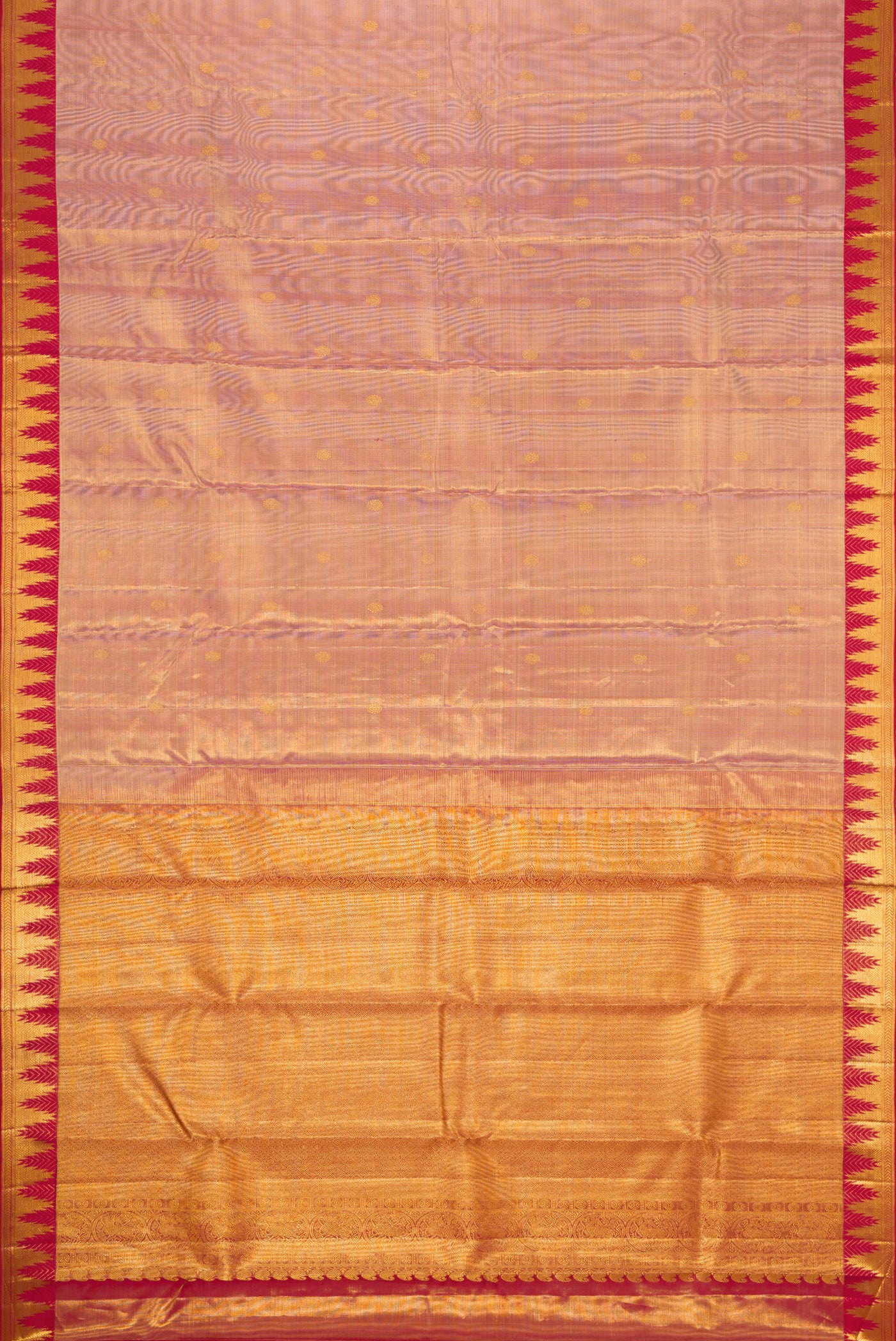 Flat view of Rose Gold Dual Tone Kanchipuram Tissue Silk Saree with Zari Brocade on the body and Zari Border. 