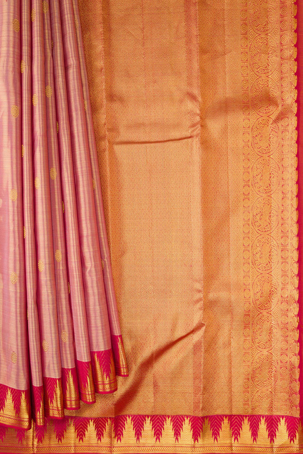 Pleats and pallu of Rose Gold Dual Tone Kanchipuram Tissue Silk Saree with Zari Brocade on the body and Zari Border. 