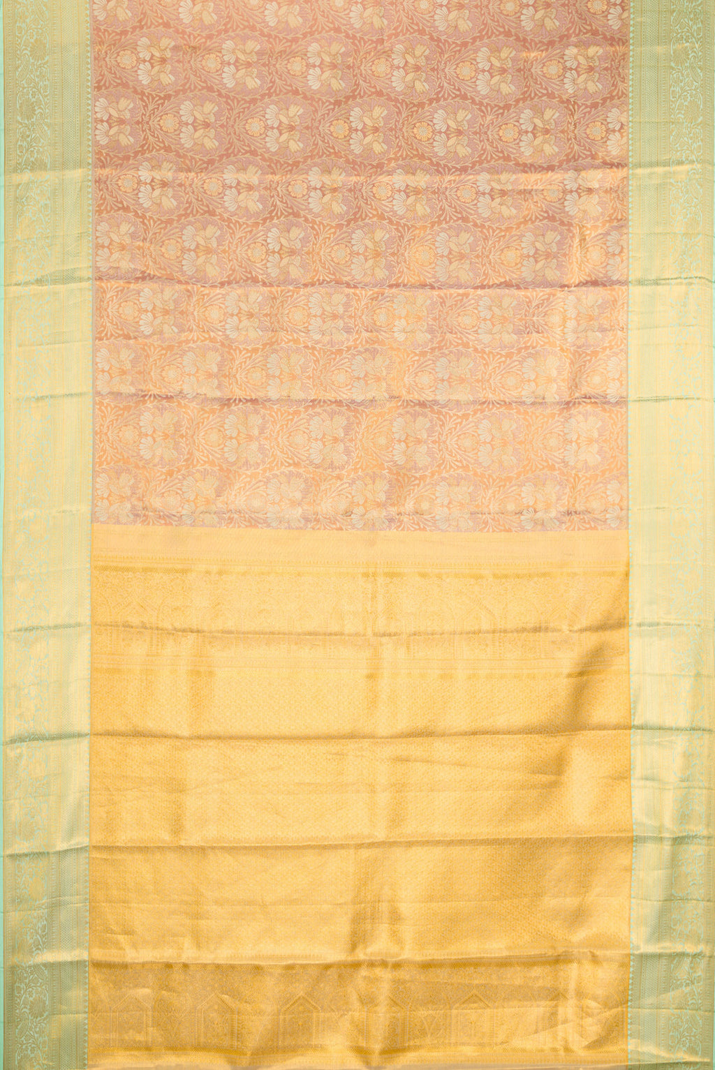 Flat view of Rose Gold Dual Tone Kanchipuram Tissue Silk Saree with Zari Brocade on the body and Zari Border. 