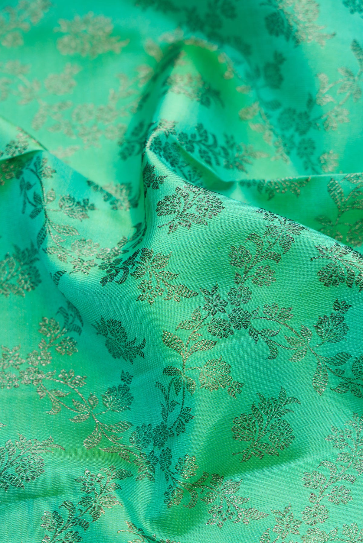 Close up of Sea Green Dual Tone Kanjivaram Silk Saree with Zari Brocade on the body and Zari Border.  displaying folds