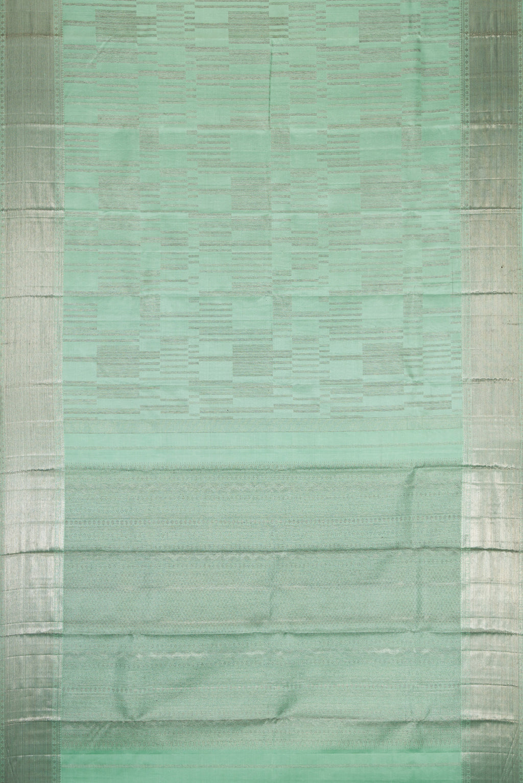 Flat view of Light Green Dual Tone Kanjivaram Silk Saree with Zari Brocade on the body and Zari Border. 
