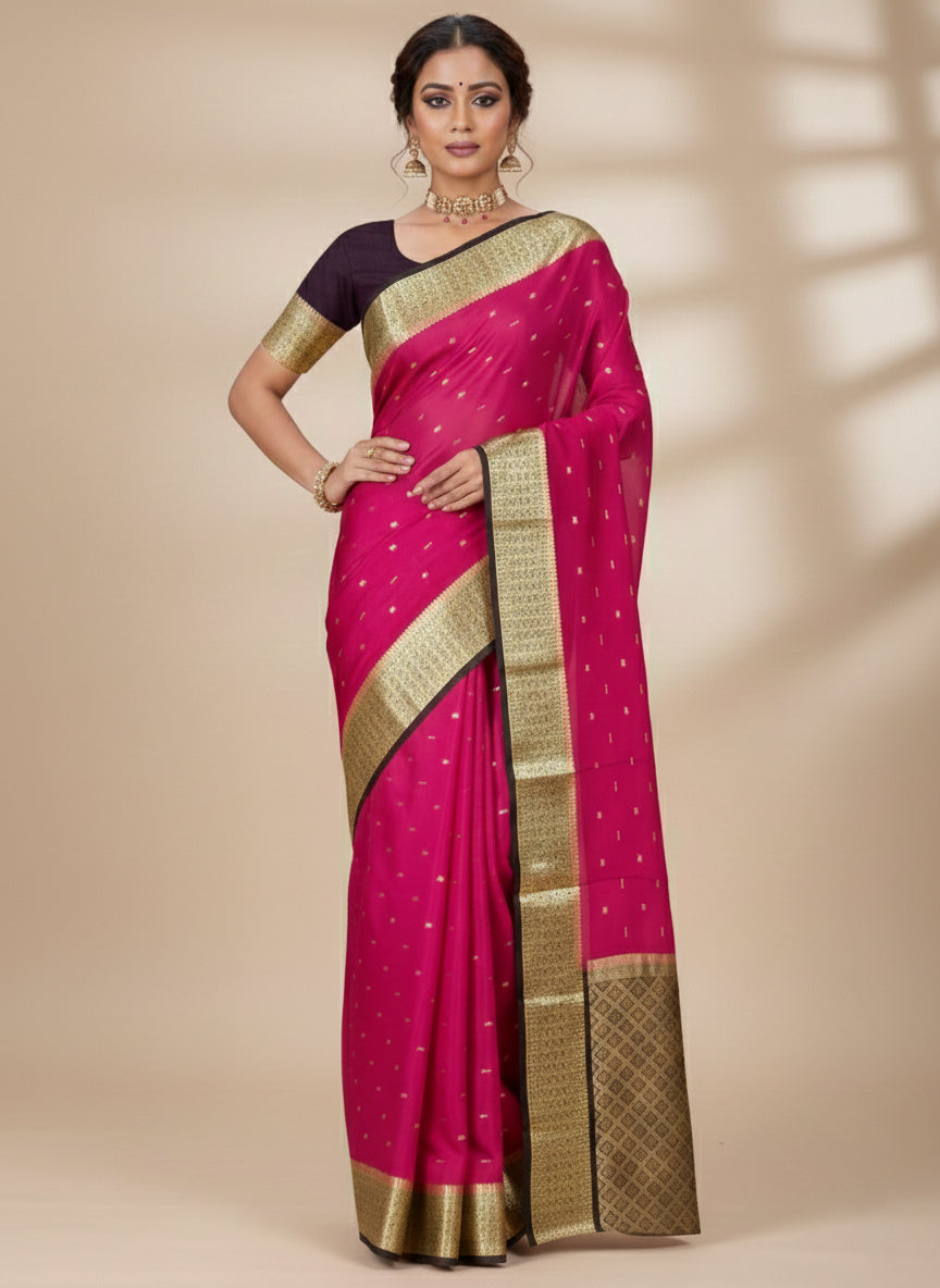Model wearing a Pink Dual Tone Mysore Crepe Saree with Zari Butta on the body and Zari Border