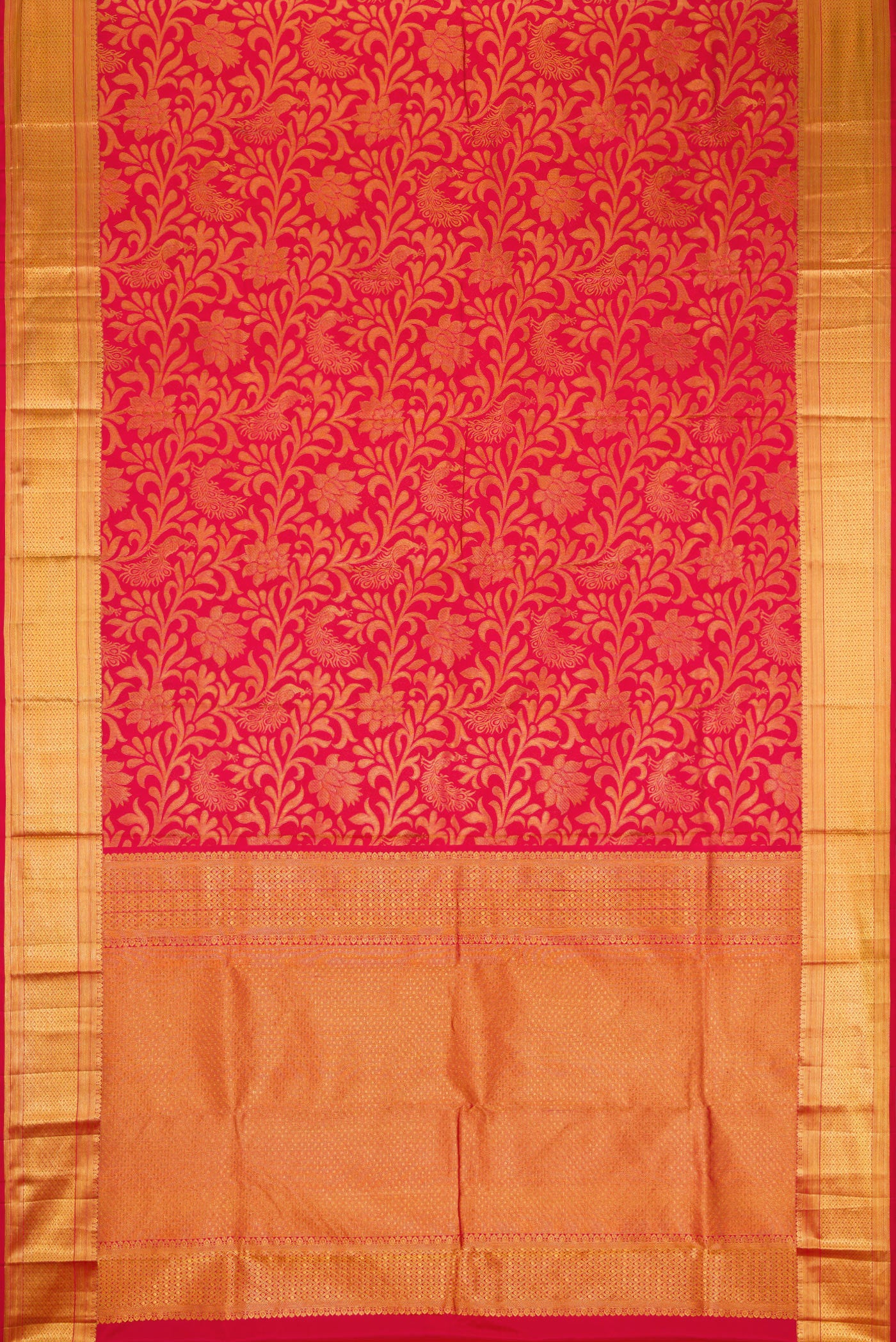 Flat view of Dark Pink Dual Tone Kanchipuram Silk Saree with Zari Brocade on the body and Zari Border. 