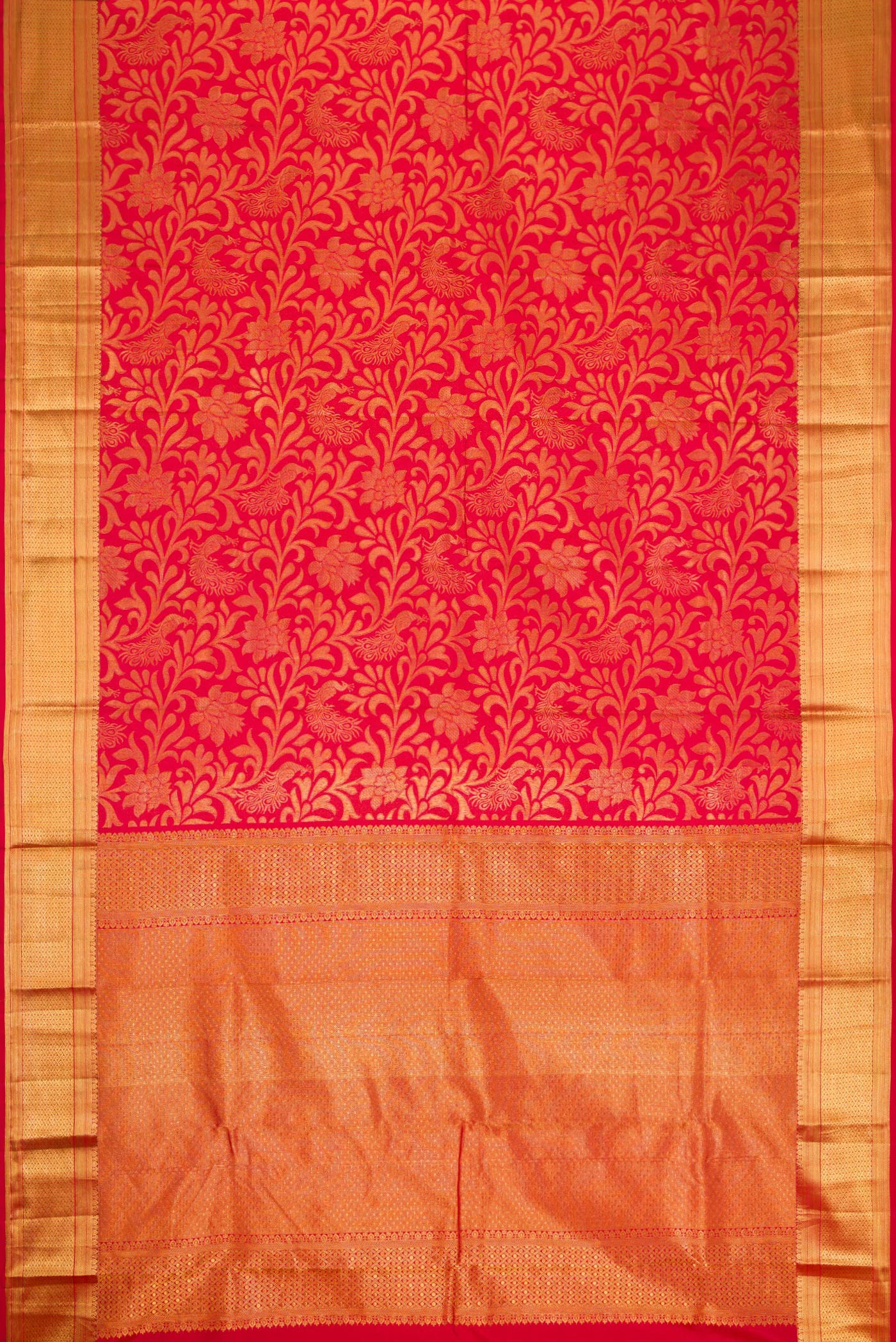 Flat view of Red Dual Tone Kanchipuram Silk Saree with Zari Brocade on the body and Zari Border. 