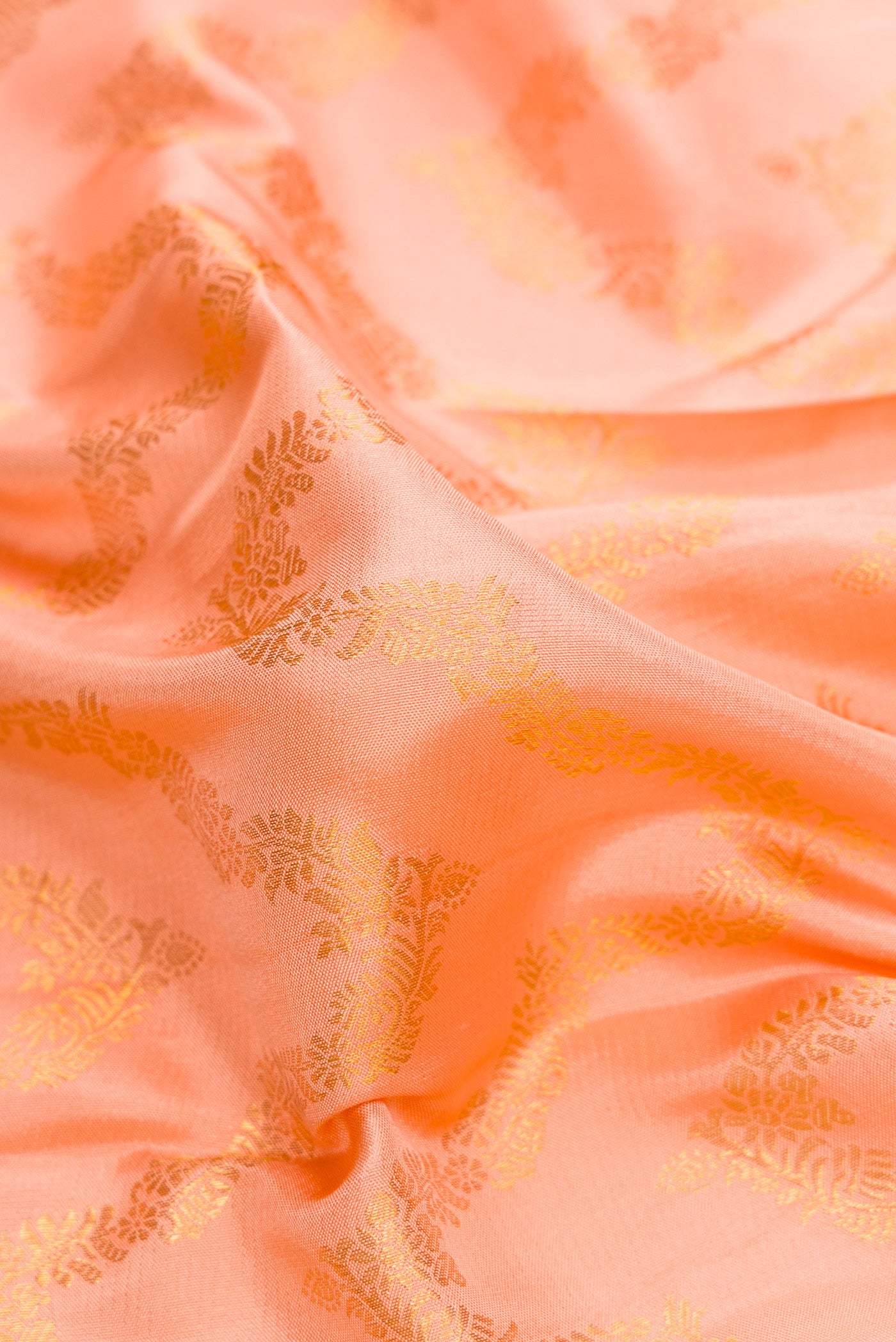 Close up of Peach Dual Tone Kanjivaram Silk Saree with Zari Brocade on the body and Zari Border.  displaying folds