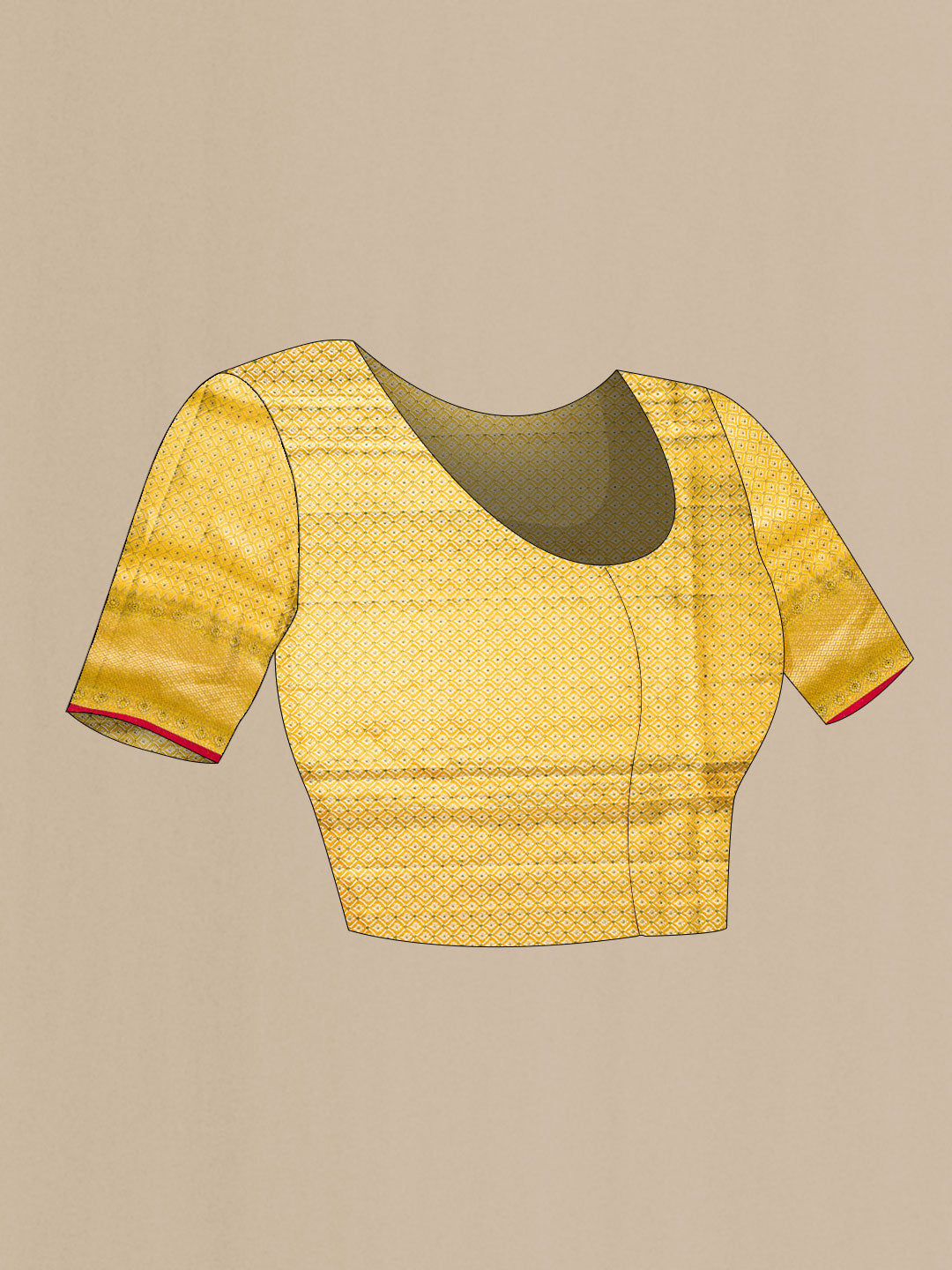 Close up image of the blouse of Gold Dual Tone Kanjivaram Tissue Silk Saree with Zari Brocade on the body and Zari Border. 