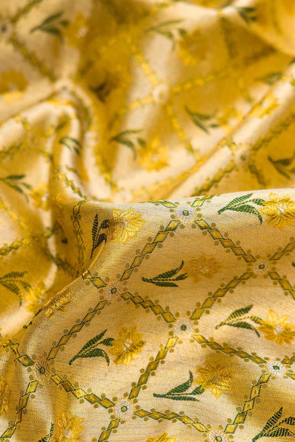 Close up of Gold Dual Tone Kanjivaram Tissue Silk Saree with Zari Brocade on the body and Zari Border.  displaying folds