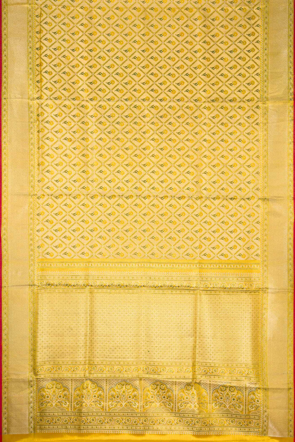 Flat view of Gold Dual Tone Kanjivaram Tissue Silk Saree with Zari Brocade on the body and Zari Border. 