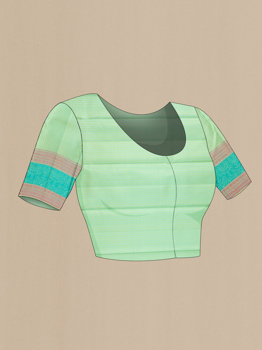 Close up image of the blouse of Mint Green Kanchipuram Silk Saree with Checked design on the body and Thread Border. 