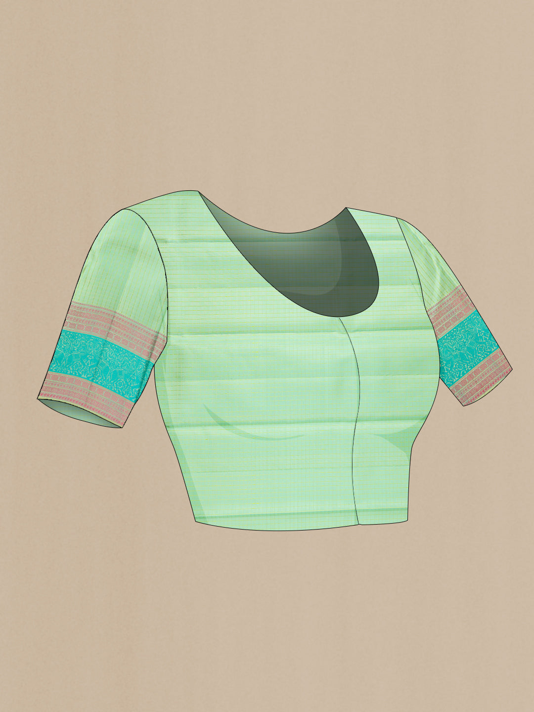 Close up image of the blouse of Mint Green Kanchipuram Silk Saree with Checked design on the body and Thread Border. 