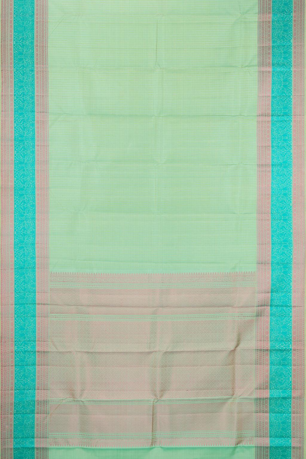 Flat view of Mint Green Kanchipuram Silk Saree with Checked design on the body and Thread Border. 