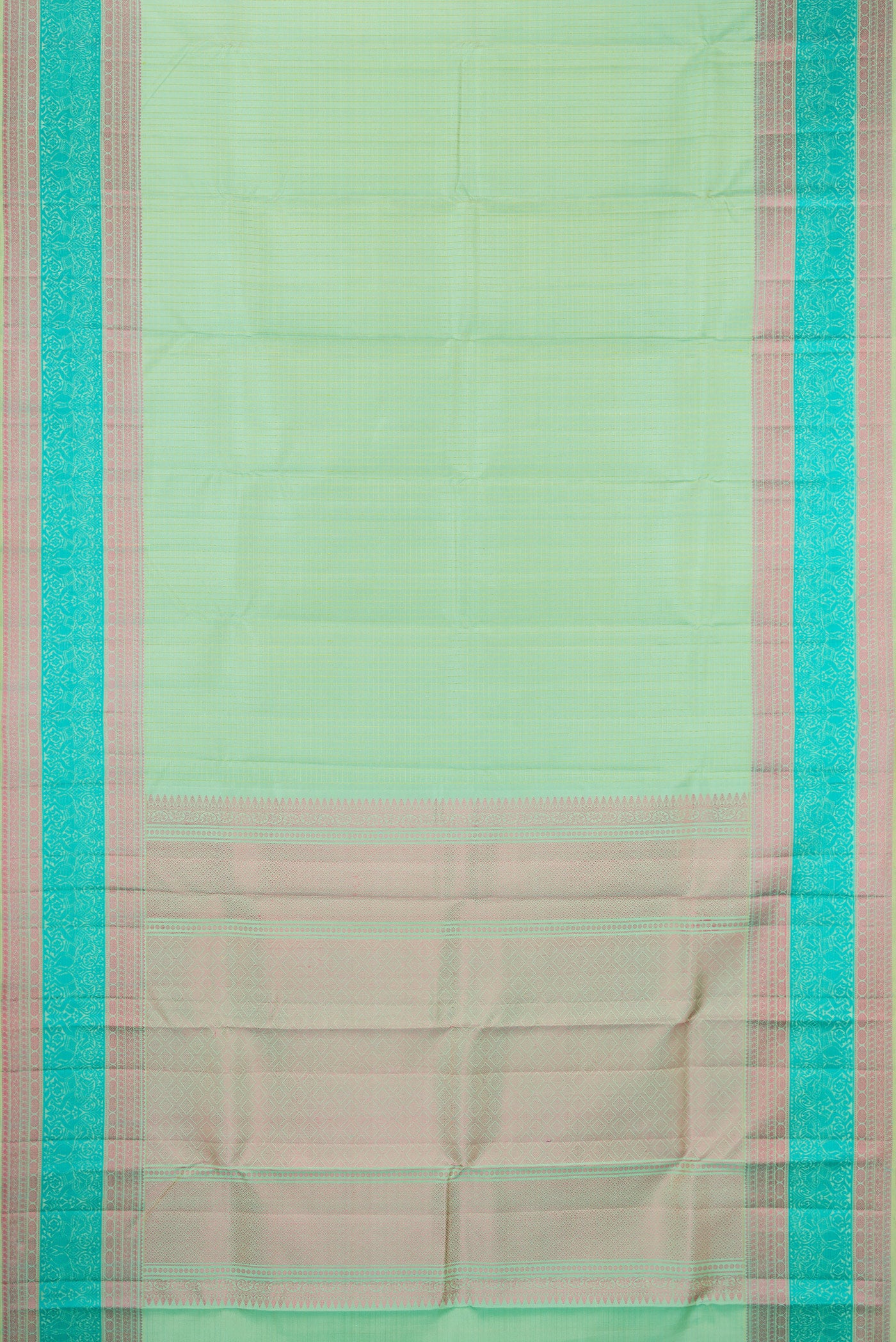 Flat view of Mint Green Kanchipuram Silk Saree with Checked design on the body and Thread Border. 