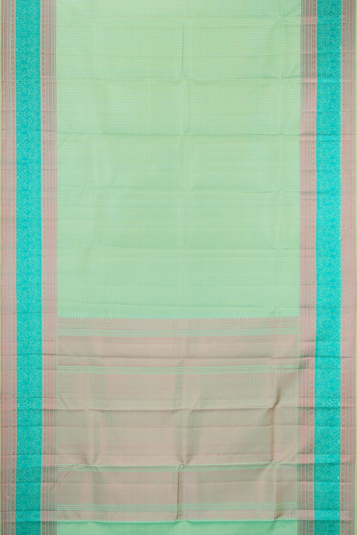 Flat view of Mint Green Kanchipuram Silk Saree with Checked design on the body and Thread Border. 