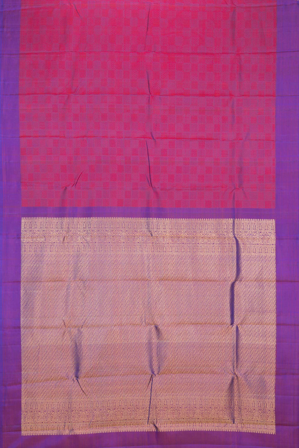 Flat view of Pure Silk Purple Dual Tone Kanchipuram Saree with Jacquard design on the body and Thread Border. 